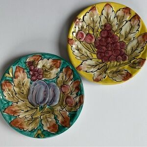Hand Painted Plates Italy Set Of 2 Fall Vintage Fruit Grapes 7.25” Color Emboss